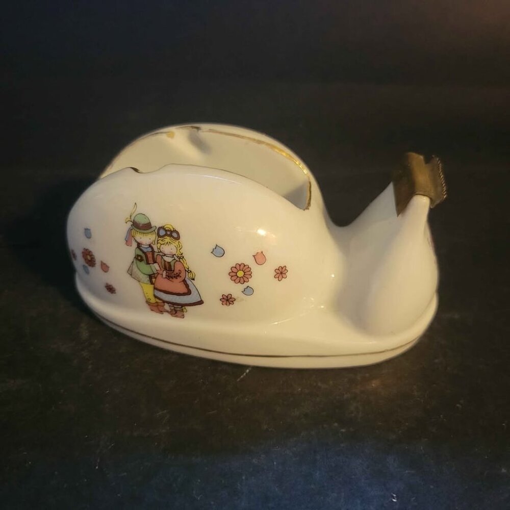 Vtg Ceramic Tabletop Tape Dispenser - Snail Shape W/ Two Children